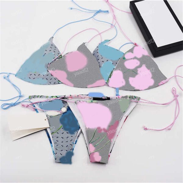 

vintage floral print bikinis swimwear triangle split swimsuit for women vintage letters printed seaside beachwear 2 colors