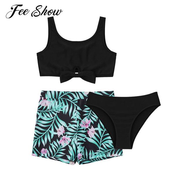 

one-pieces 2021 kids girls summer swimming bikini sets bathing suit swimwear adorned crop printed briefs shorts beach holiday swimsuit, Black