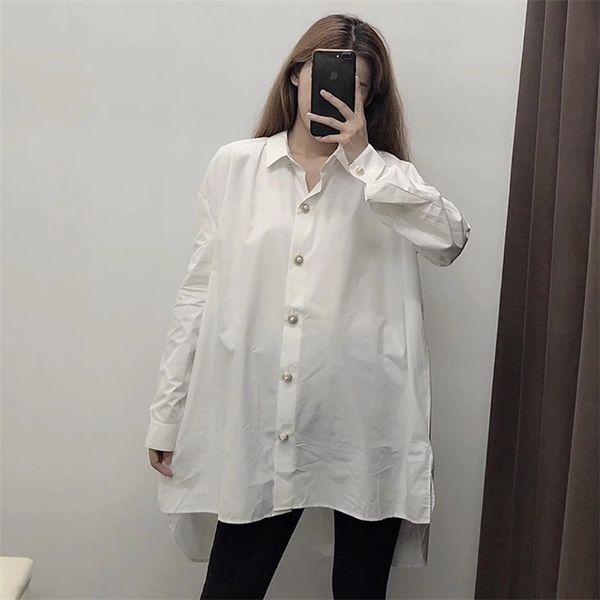 

women cotton losse long white blouse female autumn casual single breasted shirts female fashion jewelry button long 210323