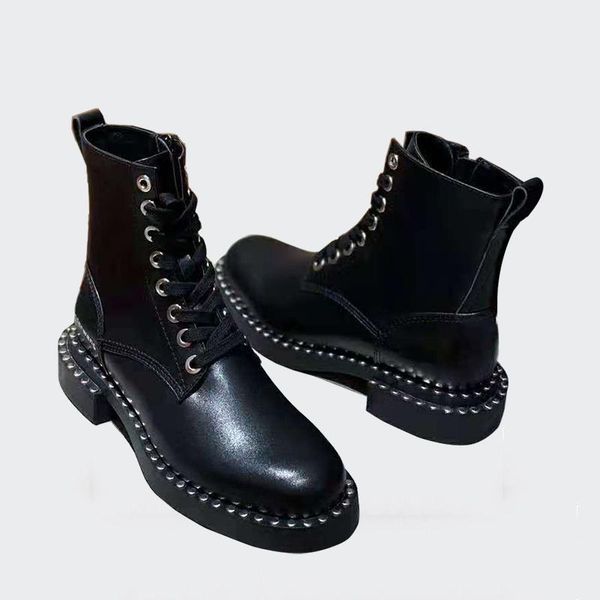 

boots leather runway design genuine metal studded ankle lace up thick heel punk shoes wome, Black