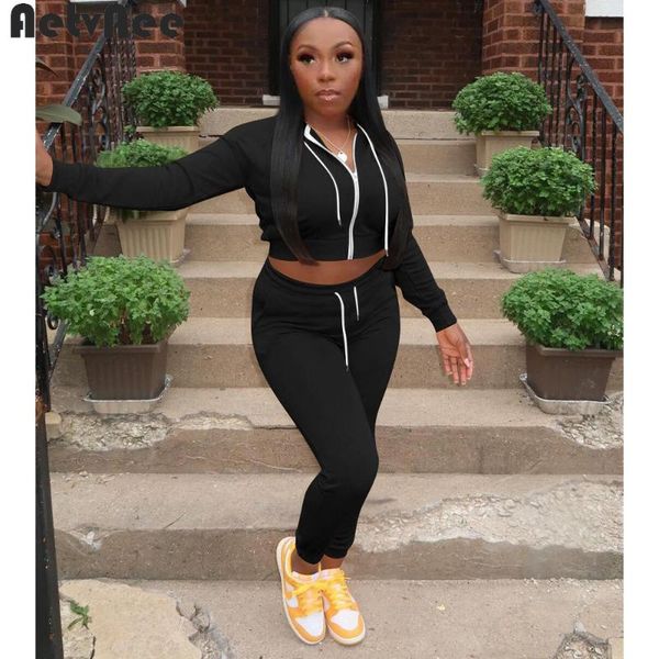 

women's two piece pants fall solid tracksuit women stylish sets zip crop hoodies + pockets sweatpants 2 set sporty suits casual outfits, White