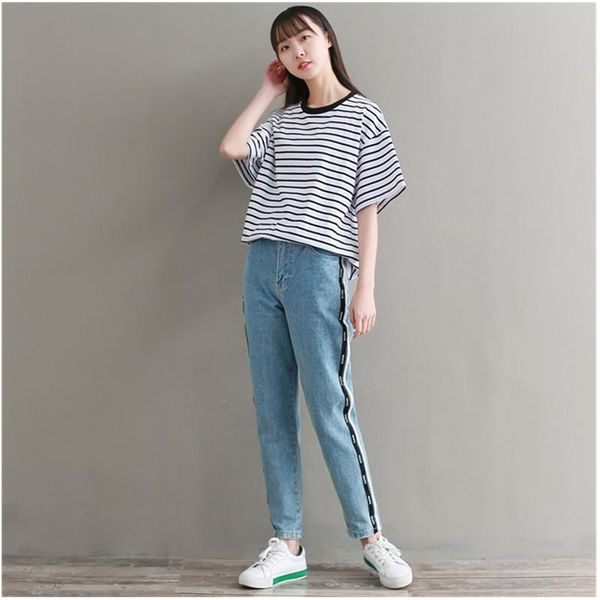 

staright jeans women stretch high waist fashion denim boyfriend female women's, Blue