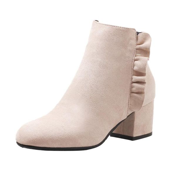 

boots women's joker round head thick with high heel fashion side zipper sweet lace large size student booties, Black