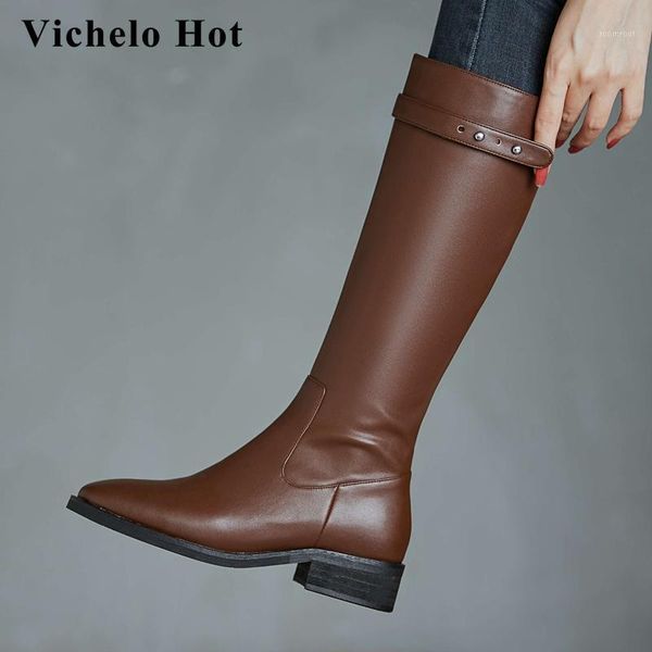 

boots vichelo 2021 est style split leather belt buckle square toe thick med heel zipper pretty girls dress knee-high l921, Black