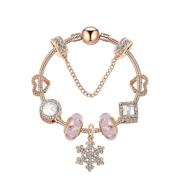 

rose gold fit pandoras handmade snowflake pendant bracelet glass charm beads jewelry 925 silver crystal for women gifts bracelets, Golden;silver