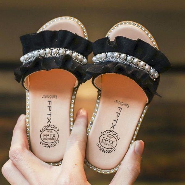 

slipper telotuny slippers toddler kids baby girls pearls crystal canvas ruffles princess sandals flat non-slip beach shoes jun1, Black;grey