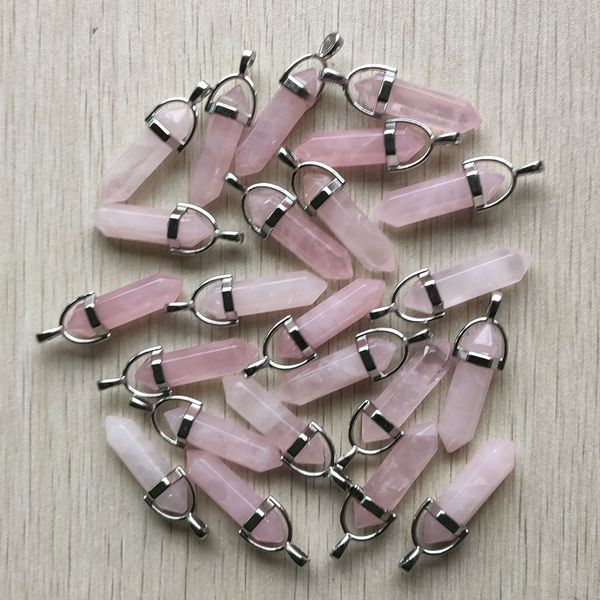 

pink crystal rose quartz charms hexagonal prism healing reiki point pendants for jewelry making mki, Bronze;silver