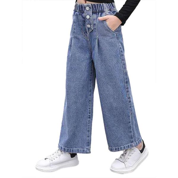 

trousers kids girls autumn pants streetwear fashion casual bottom jeans with pockets high-waisted loose straight wide leg, Blue