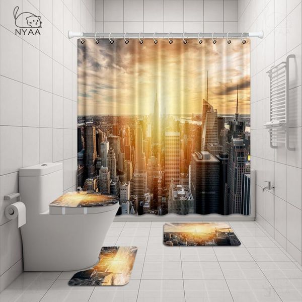 

bath accessory set york city night skyline bathroom black and white scenery art waterproof shower curtain toilet cover mat non slip rug