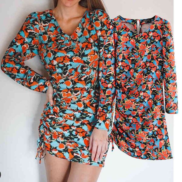 

casual dresses women autumn flower printing folds dress girl long sleeve o neck slim mini bjvk, Black;gray