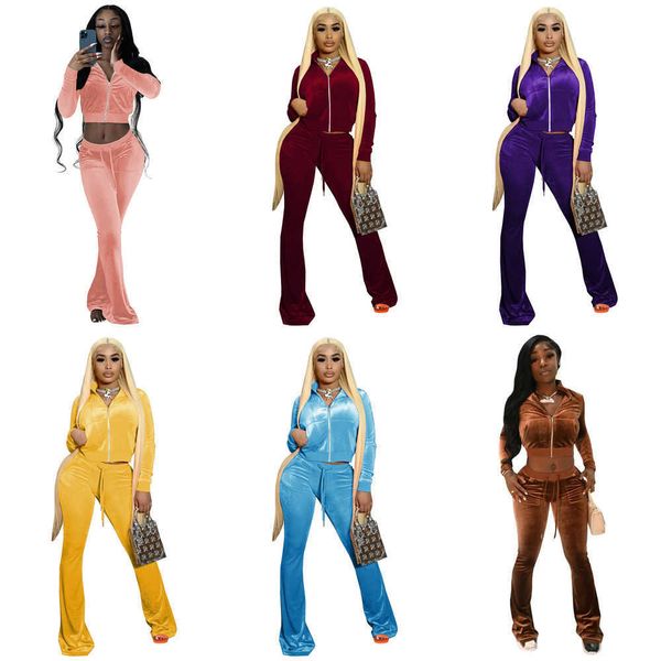 

velour tracksuits designer women 2 piece sets sportswear velvet long sleeve sweatshirt jackets + flared pants outfits plus size, Gray