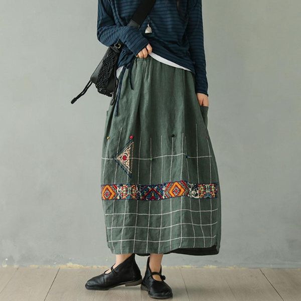 

spring ethnic embroidery cotton linen skirt long-sleeved female elastic waist casual vintage plaid mori girls skirts loose, Black