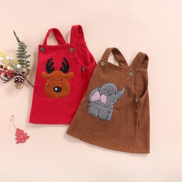 

girl's dresses 0-3y cute born baby girl sleeveless cartoon elephant pattern a-line dress outwear corduroy clothes, Red;yellow