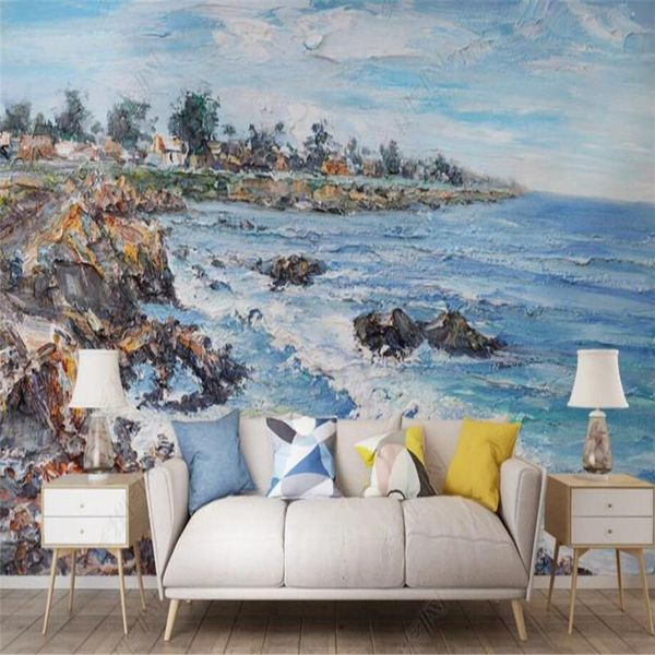 

wallpapers custom abstract hand-painted coast oil painting art mural home decor bedroom self-adhesive wallpaper 3d po wall paper