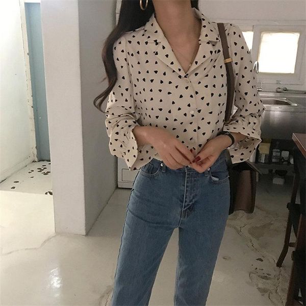 

women's blouses & shirts chic fashion print hearts loose sweet 2021 all-match elegance office lady casual female, White