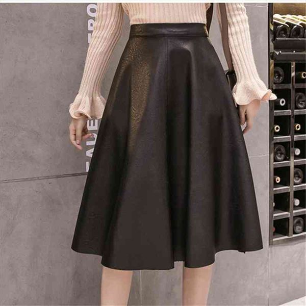 

winter women pu faux leather midi black high waist vintage warm thick flare skater skirt  femme jupe s9110