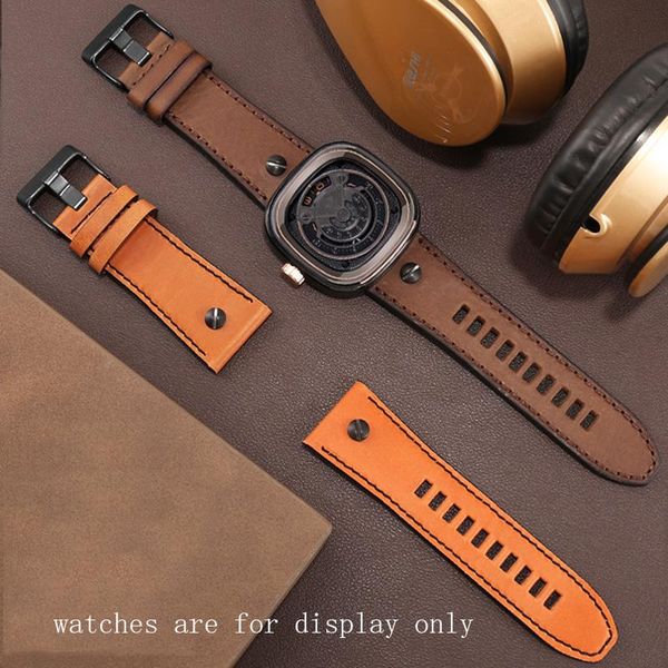 

watch bands retro genuine leather strap brown light with nails bracelet suitable for cow watchband 24 26 28mm, Black;brown