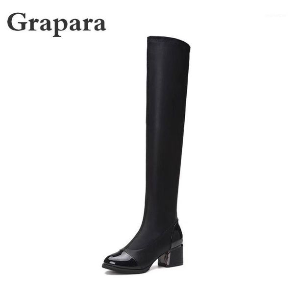 

boots 2021 winter women shoes woman leather square high heels over knee snow solid slip on thigh grapara1, Black