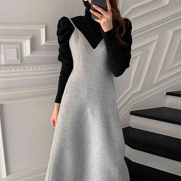 

dress women's two piece outfits sleeve turtleneck bottoming and high waist spaghetti strap long elegant fs16 arms, Black;gray