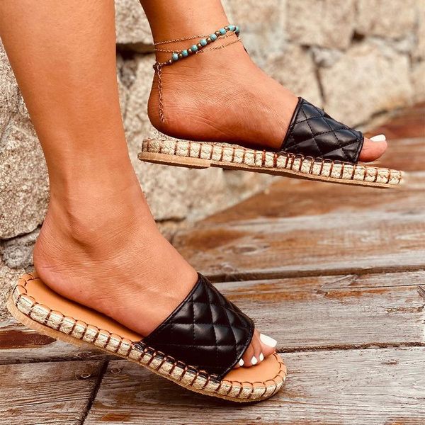

summer women beach shoes women's slippers peep toe sewing flats woman solid ladies slides casual footwear 2021, Black