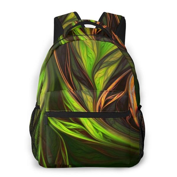 

backpack abstract exotic tropical green and orange leaves fractal art casual daypack travel school bag with pockets for women college