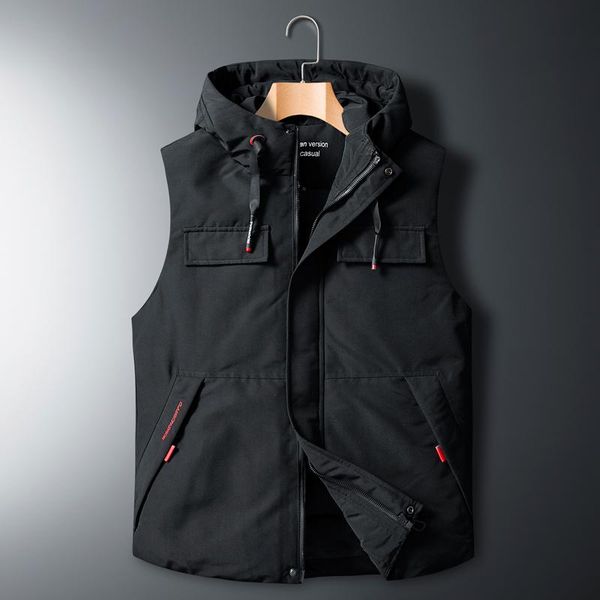 

men's down & parkas mens vest jackets sleeveless men casual waistcoat hat worn 2021 zipper hooded camouflage pocket jacket, Black