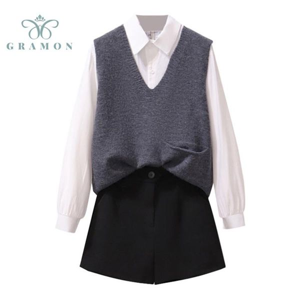 

women's tracksuits fashion women plus size conjuntos autumn preppy style shorts 3 piece sets white shirt knit vest and high waist suits, Gray