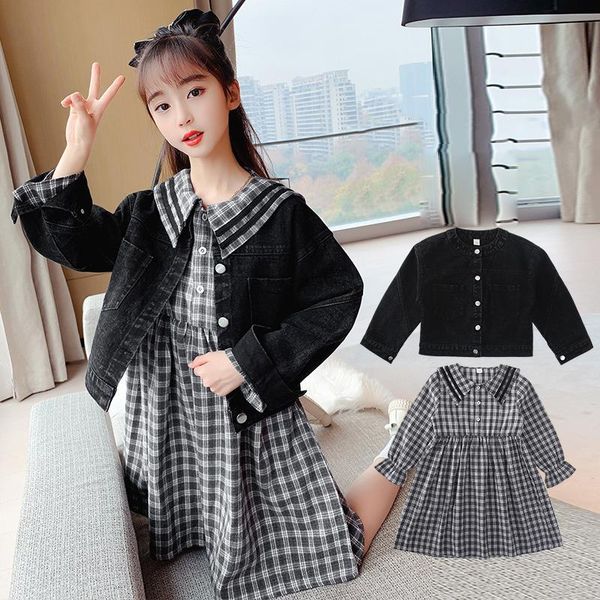 

clothing sets autumn girls dress 2021 children black kids denim jacket plaid 2pcs suit teens school clothes 10 12 13 y, White