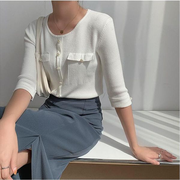 

women's sweaters 2021 autumn winter half sleeve pullover minimalist double pockets slim bottoming cl482, White;black