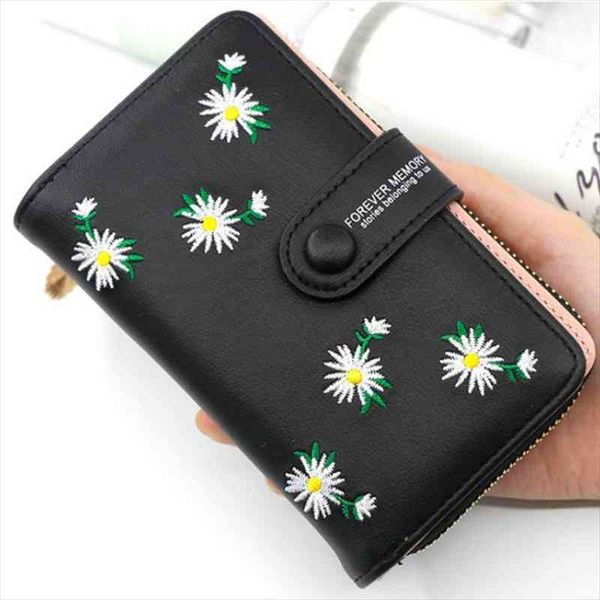

women long wallets fashion design embroidery daisy card holder large capacity pu coin purse simple zipper money bag, Red;black