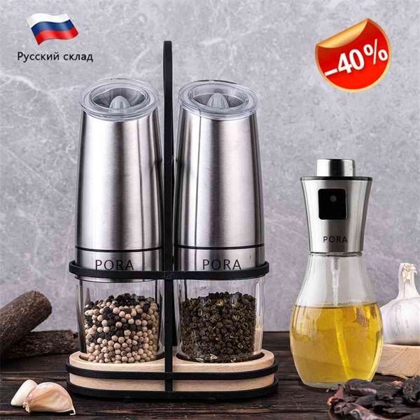 Moinho de pimenta Sal e moedor Set Preto Spray de óleo com suporte de metal Cozinhar ferramentas de cozinha Spice 210712
