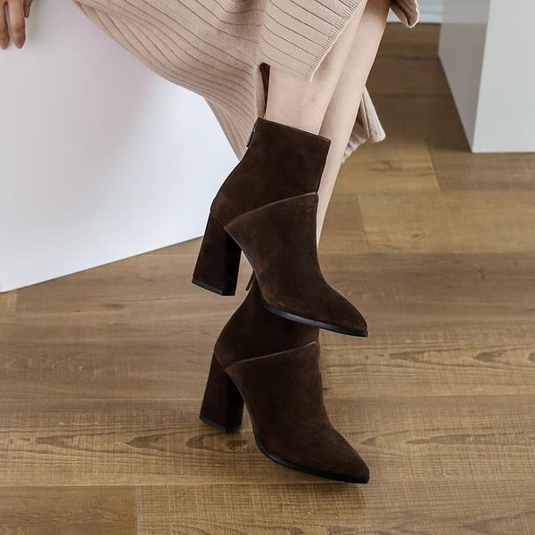 

boots 2021 spring shoes women ankle genuine leather plus size 22-26.5 cm feet length pointed toe side zipper, Black