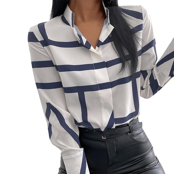 

women's blouses & shirts office lady blouse womens autumn striped print slim digital printing stand-up collar shirt vintage buttons ca, White