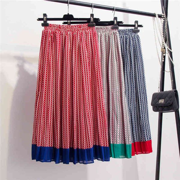 

skirts women autumn digital print chiffon pleated stitching color geometric lattice 83rt, Black