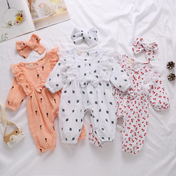 

jumpsuits born baby girl 0-24m clothes long-sleeved jumpsuit fresh cherry cactus carrot printing one-piece long pants headband 2pcs, Blue