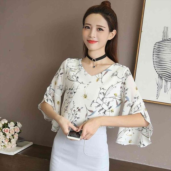 

v neck half flare sleeve women shirts floral print elegant 3 colors wild commuter comfortable breathable camisa, White