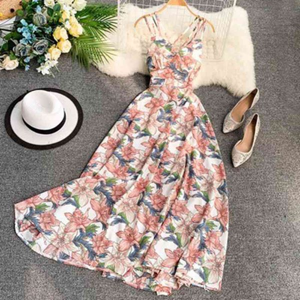 

spring summer ladies fashion backless seaside dress spaghetti strap print high waist casual floral women's 210520, Black;gray