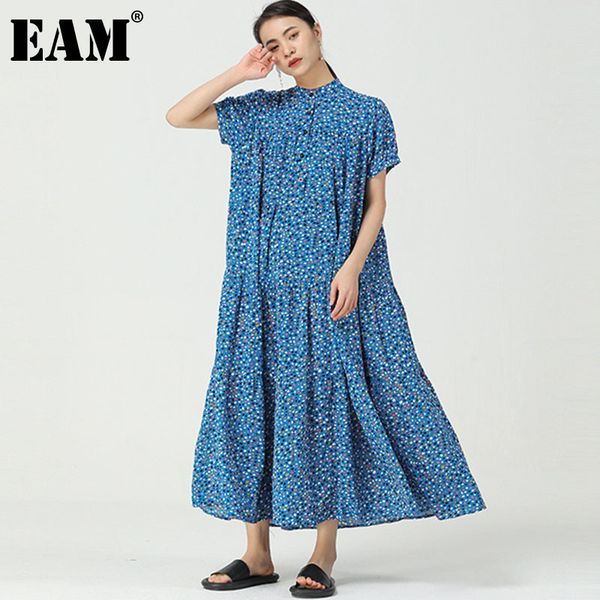 

[eam] women blue flower print big size ruffles dress stand collar short sleeve loose fit fashion spring summer 1dd7356 21512, Black;gray