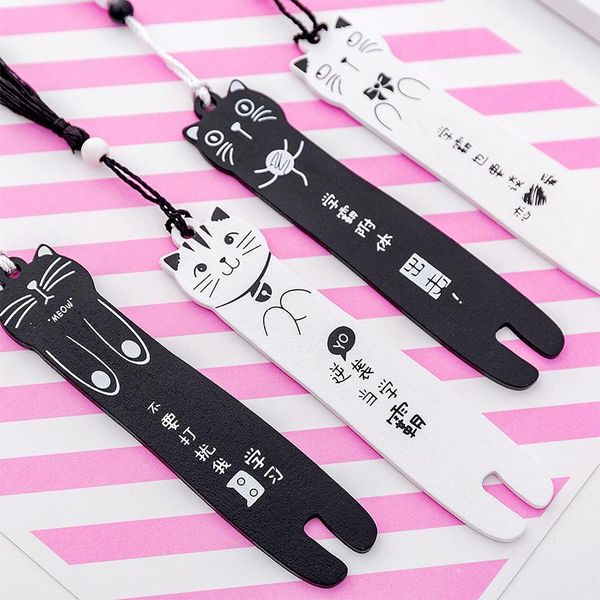 

bookmark kawaii cartoon cat wooden bookmarks for books creative black white color tassel book page student stationery supplies