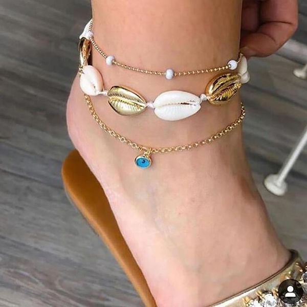 

tocona 3pcs/set boho simulate shell blue crystal pendant anklet set for women gold beaded multilayer chain tobillera 8328 anklets, Red;blue