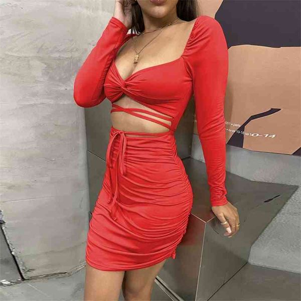 

two piece dress european and american summer women's low chest long sleeve tie tight mini short 9zij, White
