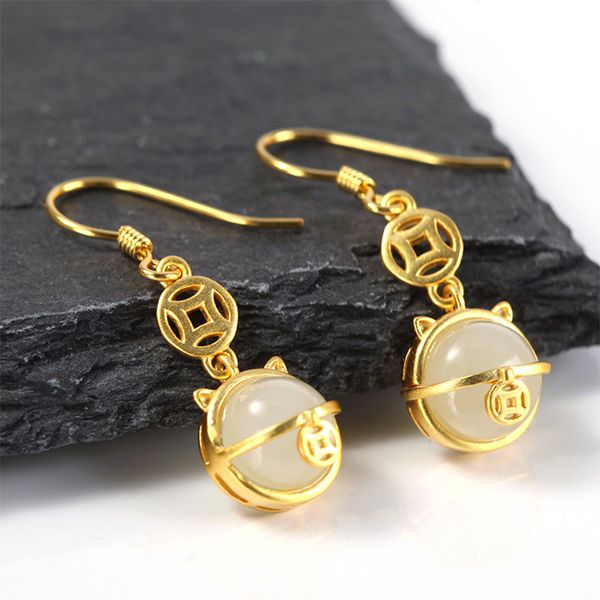 

925 sterling silver chandelier mosaic white jade earrings hetian fortune cat eardrop authenticity with certificate-agz16471