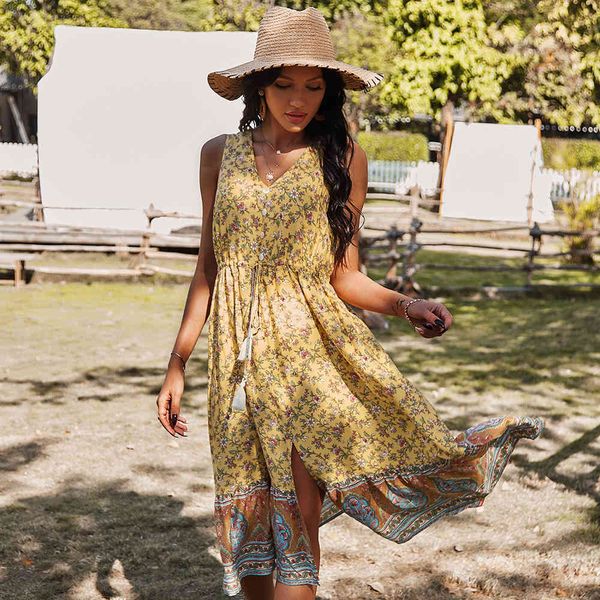 

boho women sleeveless boho dress for womens midi v-neck high waist a-line dress female beach button dresses summer 210514, Black;gray