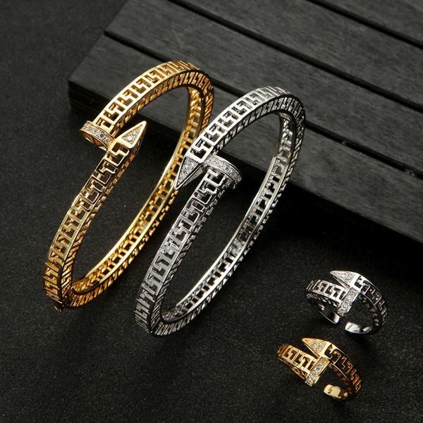 

luxury trendy geometric saudi arabia bangle ring jewelry sets for women wedding engagement brincos para as mulheres fv00520 h1022, Silver