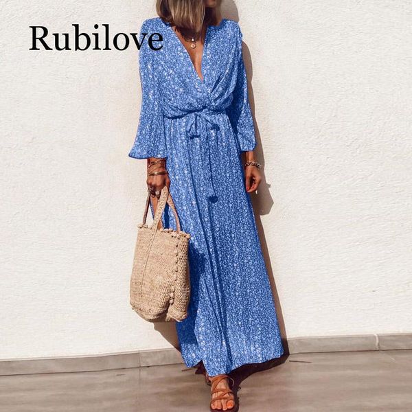 

casual dresses rubilove women v-neck floral print long dress summer autumn sleeve maxi boho elegant sashes party s-5xl, Black;gray