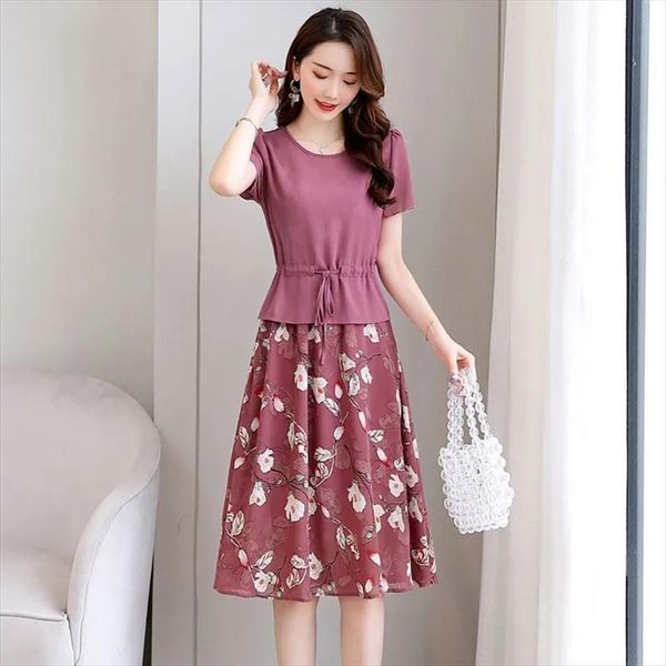 

fashion dress suit summer korean women tracksuits version of high waist chiffon floral plus size tie coat two piece, Gray