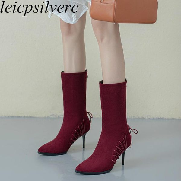 

boots women's autumn winter high heel warm flock pointed toe zipper mid-calf basic 2021 fashion black big size 34-43