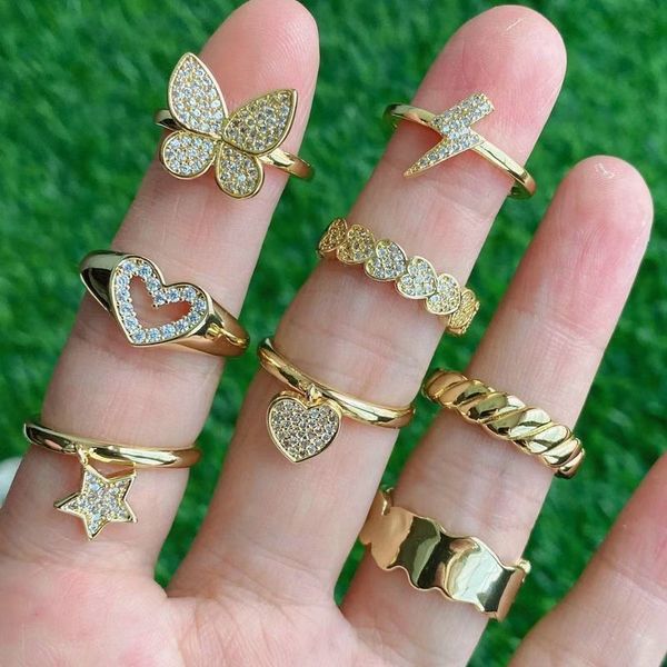 10 pezzi anello aperto in ottone placcato oro micro pavimenta CZ farfalla cuore stella ragazza gioielli di moda da donna