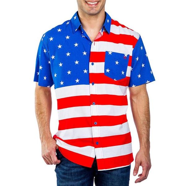 

summer male casual shirt man american flag print short sleeve pocket buttons printed blouse independence day men's shirts, White;black