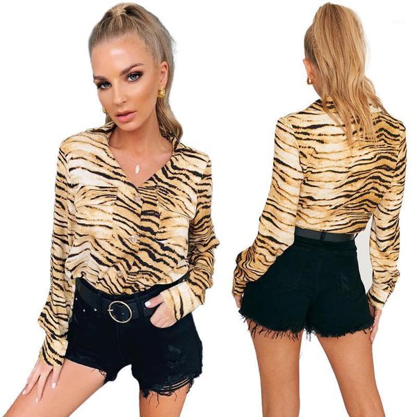 Est Дамы коричневые тигр полоски отворота универсальная рубашка с длинным рукавом повседневная мода женские блузки рубашки